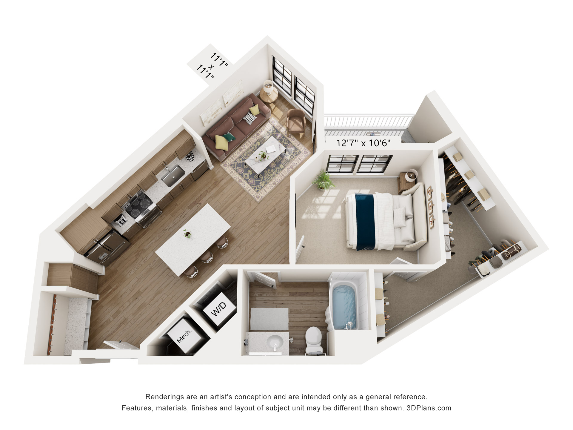Floor plan for 1 bed, 1 bath, 772 sqft